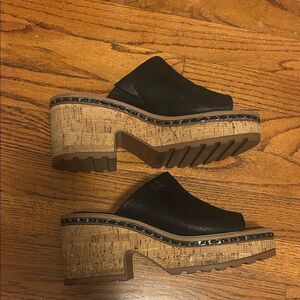 Karl Lagerfeld Black Leather Cork Platform Clog Mules